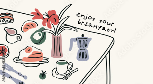 Breakfast serving on dining table, doodle sketch style. Coffee, tea cup, moka pot, morning food, pancakes, flower vase. Playful aesthetic setting with snack and drink. Hand-drawn vector illustration