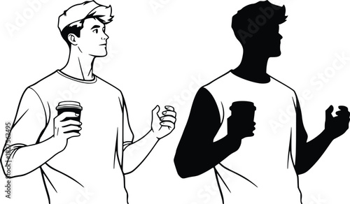 Line art and silhouette illustration of a young man wearing a cap holding a coffee cup, isolated on white background