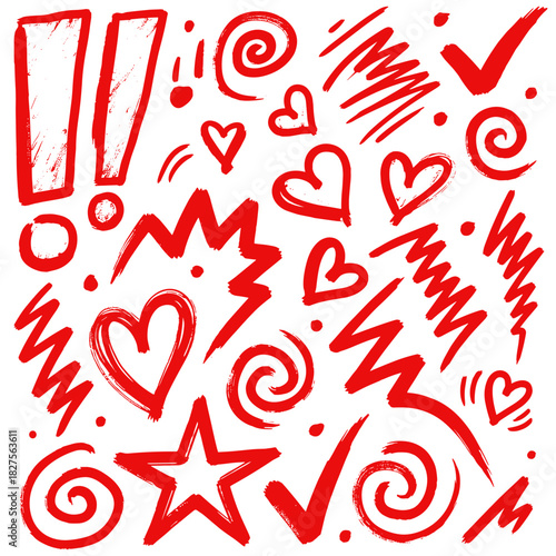 Red sketch elements set. Collection includes hearts, stars, marks and energetic doodle shapes for expressive compositions