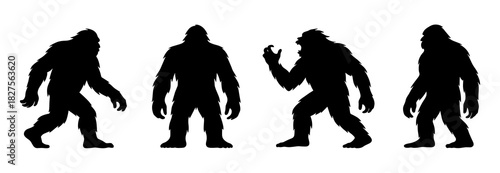 Yeti silhouette set. Shapes created with high quality. Tall furry figures appear in walking and roaring poses with strong silhouettes