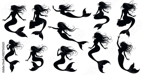 Mermaid silhouette collection. Shapes created with high quality. Elegant sea maidens appear in flowing poses with long hair and graceful movement