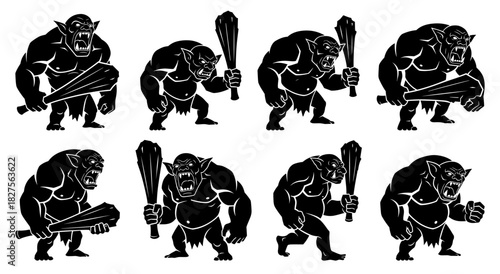 Troll warrior silhouettes. Shapes created with high quality. Strong muscular creatures shown with clubs in aggressive combat stances
