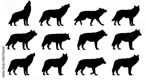 Wolf silhouettes in standing and howling positions. Clean lines show high quality. The set captures strong outlines and calm wild presence