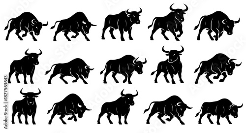 Bull silhouettes in standing and charging positions. Clean lines show high quality. The set highlights powerful muscles and aggressive motion