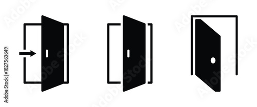 Door vector icon. Entrance door, vector graphic illustration of the entry door in a frame. Open door icon set. Door outline icon on white background.