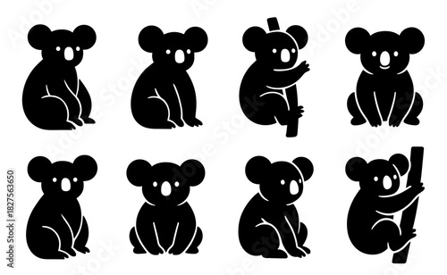 Koala silhouettes in sitting and climbing poses. Clean lines show high quality. The set captures gentle shapes and calm posture
