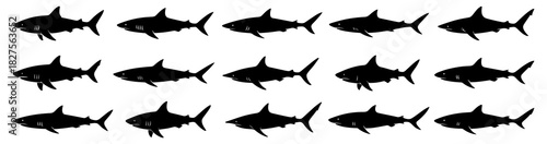 Shark silhouettes in steady swimming poses. Clean lines show high quality. The set captures strong outlines and streamlined body forms