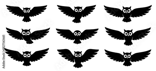 Owl silhouettes in symmetrical flying poses. Clean lines show high quality. The set showcases wide wings and expressive rounded eyes