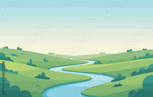 Soft green hills stretch around gentle river curve. Calm tones create peaceful relaxing scenery. Light sky adds fresh bright atmosphere