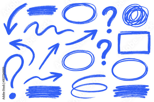 Blue sketch elements collection. Set features arrows, circles, question marks and textured strokes for expressive layouts