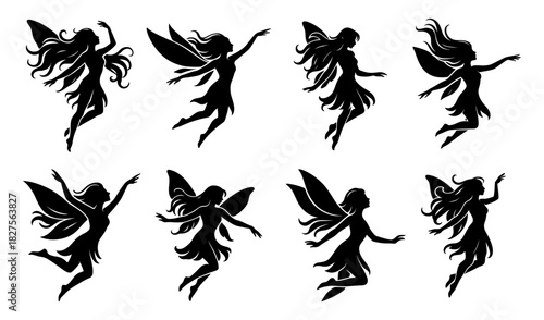 Fairy silhouette collection. Shapes created with high quality. Graceful winged figures shown in light floating motion with elegant lines.