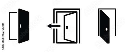 Door open icon symbols. Vector illustration. Black exit entry in arrow icon. Door open icon set in line. Doors set opened and closed door icon