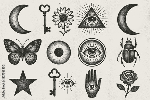 Mystic symbols including eye crescent key flower and butterfly. Textured stippling creates vintage occult style. Soft tones add atmospheric mysterious mood