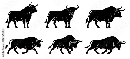 Bull silhouettes in powerful standing and charging poses. Clean lines show high quality. The collection highlights strength and bold muscular form