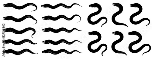 Eel silhouettes in swimming curves and extended poses. Clean lines show high quality. The set reflects smooth movement and flexible body shapes
