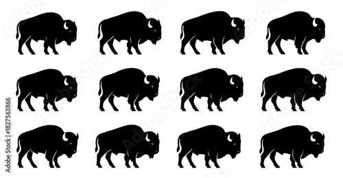 Bison silhouettes in grazing and standing positions. Clean lines show high quality. The set captures massive bodies and calm posture
