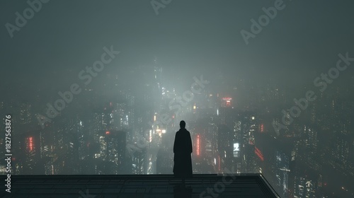 Solitary Silhouette on a Rooftop Gazing Over a Vast, Fog-Shrouded Cyberpunk Metropolis at Night.