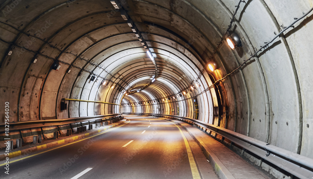 Obraz premium Perspective View Inside a Modern Highway Vehicle Tunnel with Warm Interior Lighting