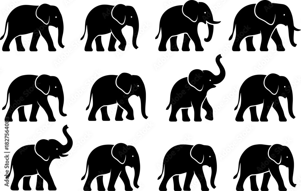 Obraz premium Elephant silhouettes in walking and standing poses. Clean lines show high quality. The set captures gentle movement and natural body shape
