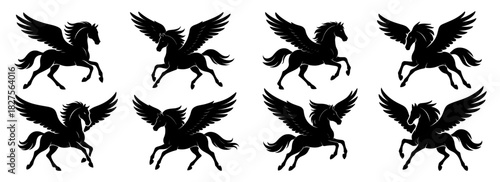 Graceful pegasus silhouettes shown in active running poses. The silhouettes are created with very clean lines and carefully balanced proportions, highlighting the high quality of the work