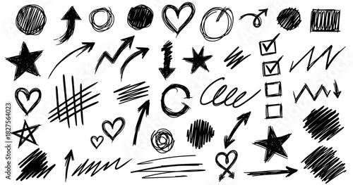 Black sketch elements set. Shapes created with high quality. Collection features arrows, hearts, stars and dynamic scribble marks