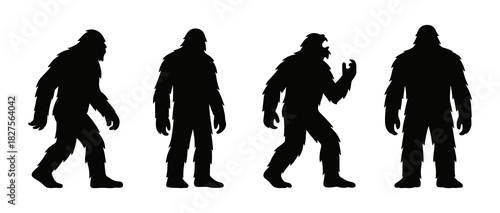 Yeti silhouette collection. Shapes created with high quality. Large furry creatures appear in walking and roaring poses with heavy outlines.