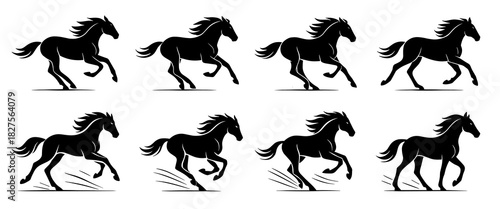 Horse silhouettes in fast running poses. Clean lines show high quality. The set highlights energetic strides and expressive movement
