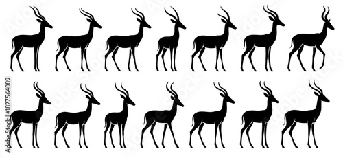 Gazelle silhouettes in standing and walking poses. Clean lines show high quality. The collection highlights slender legs and elegant movement