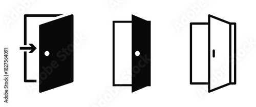 Open door icon. Door icon, open door, close door icon. Open door icon in black and white. door vector icon. Entrance door, vector graphic illustration of the entry door icon. Vector illustration.