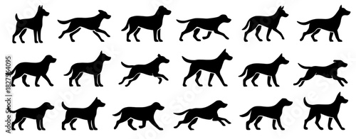 Dog silhouettes in walking and running poses. Clean lines show high quality. The set shows natural movement and varied body shapes