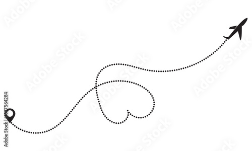 Romantic Travel Path with Airplane and Heart Icon. Minimal line-art  of an airplane flying toward a destination pin with a red heart along the path, symbolizing love, travel, and connection.
