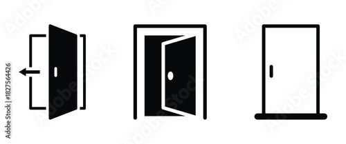 Door icon set. Open the door icon. Minimal door icons set for home and interior design. Door icon in solid and stroke style. Vector illustration. EPS 10