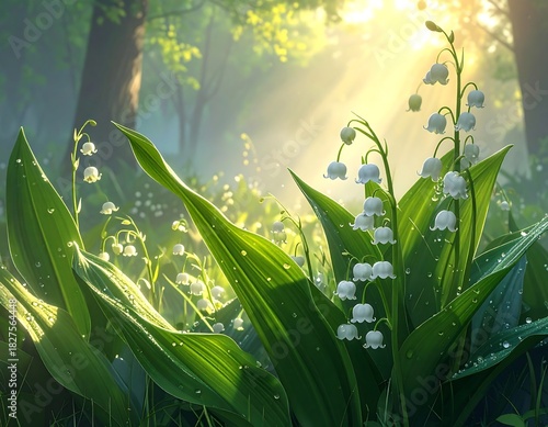 Lush forest floor scene with lily of the valley blooming in sunlight
