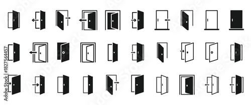 Entrance door icon. Solid filled and stroke thin line style. Open door icon set. Vector illustration isolated on white background. EPS 10