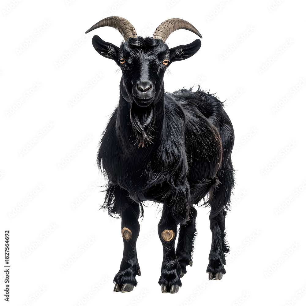 Fototapeta premium Majestic, dark goat posing, horns, black fur against transparent background