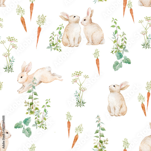 Watercolor seamless pattern with cute bunnies, carrots and green herbs. Hand-painted spring design perfect for Easter, nursery decor, fabric, wallpaper and baby projects.
