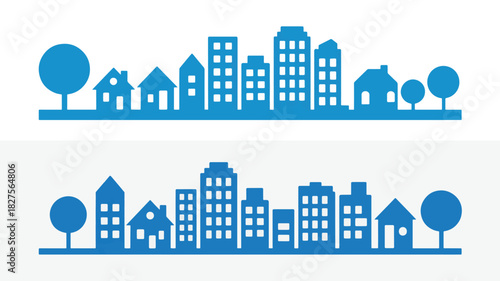 Blue silhouette of city skyline and suburban houses with trees