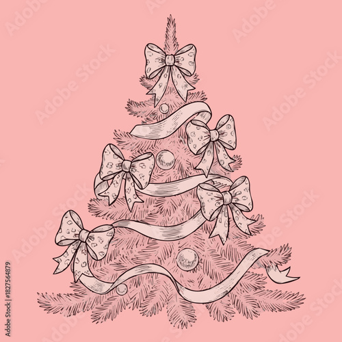 Create Christmas Tree decorated with whimsical bow and ribbons on pink background. Vintage Line art sketch style xmas winter fir tree sketch drawing for christmas fair or market invitation, placard or