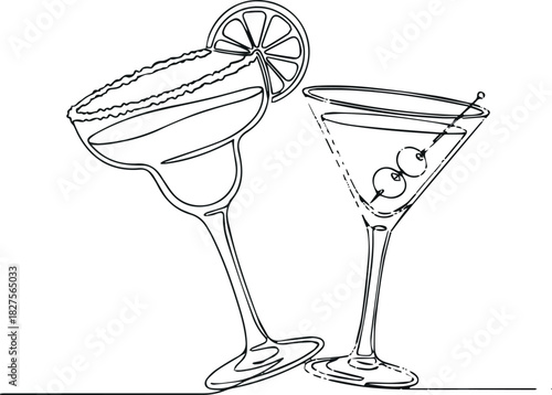 Create Glass of cocktails in continuous one line drawing. Margarita toast and martini cup in simple linear style. Alcohol drink menu in editable stroke. Doodle oneline vector illustration.