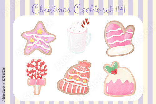 festive christmas cookie set featuring a variety of holiday-themed treats including stars, mittens, hats, and candy, Chistmas Clipart vector water color Set