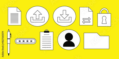 Vector illustration of a collection of office and business icons. Files, downloads, padlocks, pens, whiteboards, folders, marketing, contacts, in editable flat design.