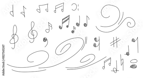 Note signs, black and white sketch drawing. Vector illustration. A simple drawing, symbols of musical signs, is isolated on a white background.
