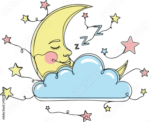 Create One continuous line drawing of Moon with cloud and stars. Sweet dream concept for nursery in simple linear style. Sleep symbol with crescent in Editable stroke. Doodle hand drawn vector art ill