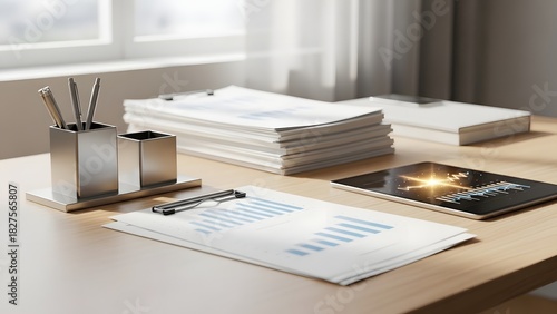 Wallpaper Mural Modern Office Workspace with Documents, Tablet, and Stationery Torontodigital.ca