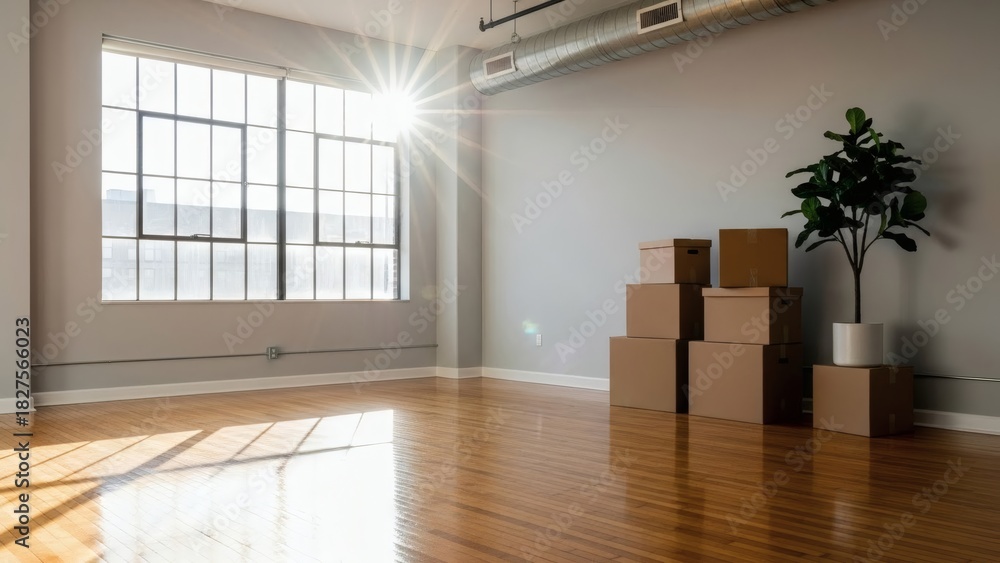 Obraz premium SunDrenched New Home Boxes Plant in Empty Room with Moving Day Bliss.