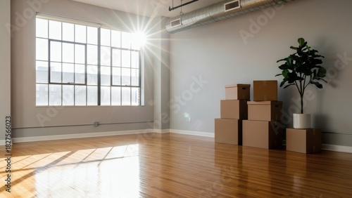 SunDrenched New Home Boxes  Plant in Empty Room with Moving Day Bliss.