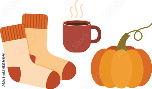 Cozy autumn warm socks pair with hot coffee cup and orange pumpkin pixel art vector illustration for seasonal holiday design