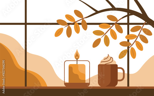 Cozy autumn window sill with burning candle and hot chocolate cup with whipped cream looking at yellow leaves pixel art vector illustration