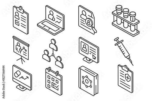 Isometric icons of business, medical, and technology elements in outline style.