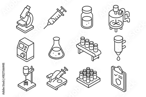 Isometric icons of laboratory equipment and scientific tools set in black and white.